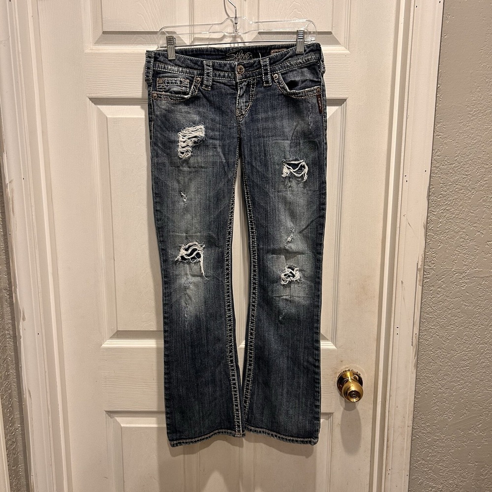 Silver Jeans Pioneer Distressed Bootcut Dark Wash‎ Denim W30 L28 Y2k Boho Grunge